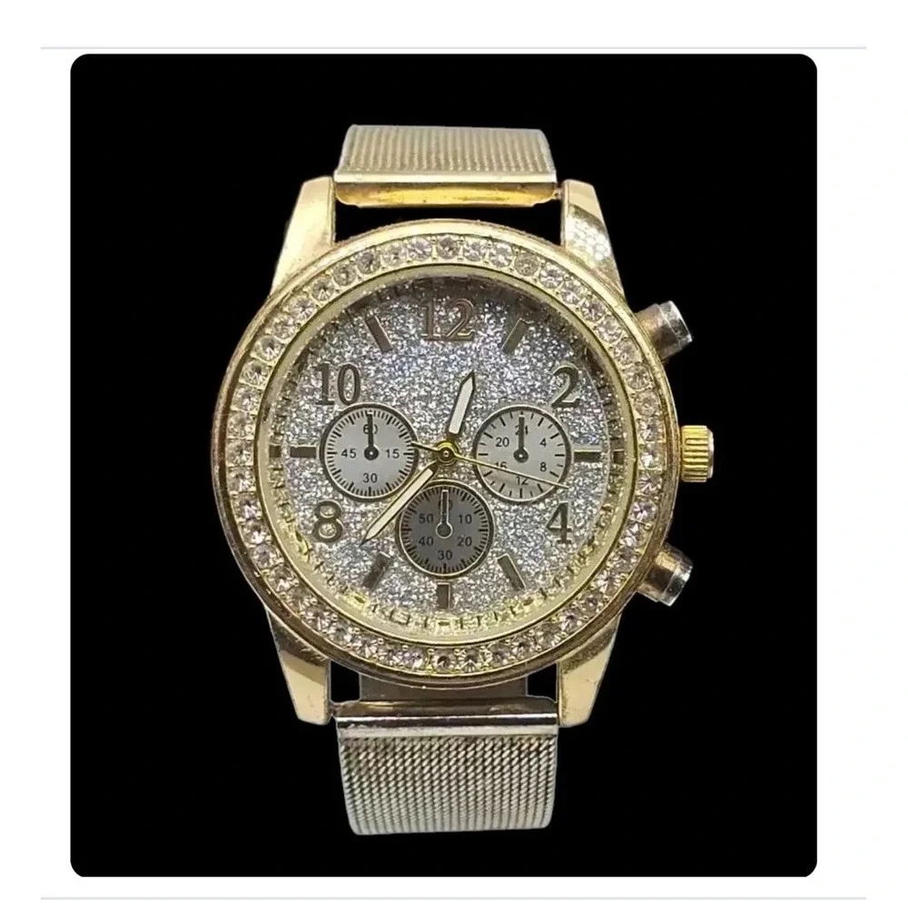 Gold Tone Ladies Watch Triple Sub Glitter Dial Crystal Bezel Mesh Band *C-photos